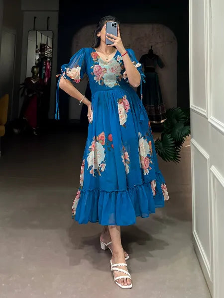 Firozi Blue Color Western Dress with Fancy Sleeve in Georgette With Floral Print