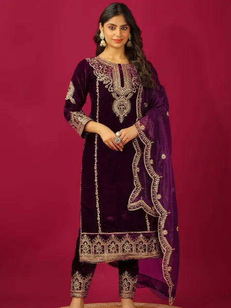 Designer Salwar Suit in Wine Color Velvet With Heavy Sequins Embroidery Work