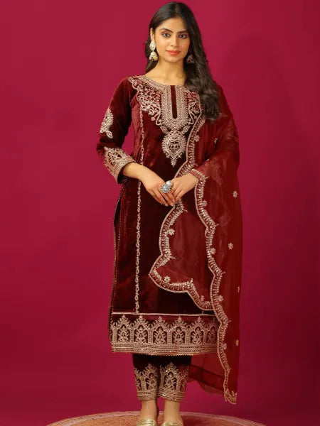 Designer Salwar Suit in Maroon Color Velvet With Heavy Sequins Embroidery Work