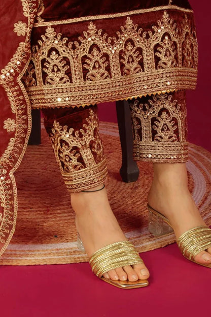 Designer Salwar Suit in Maroon Color Velvet With Heavy Sequins Embroidery Work