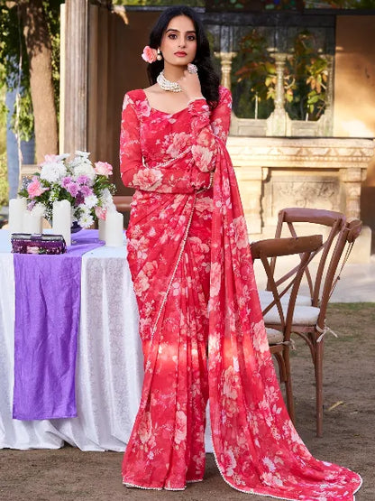 Elegant Weightless Marble Printed Red Saree with Pearl Lace Border | Lightweight Designer Saree for Women