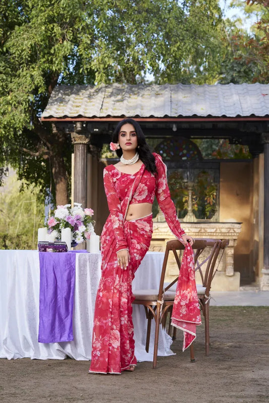 Elegant Weightless Marble Printed Red Saree with Pearl Lace Border | Lightweight Designer Saree for Women