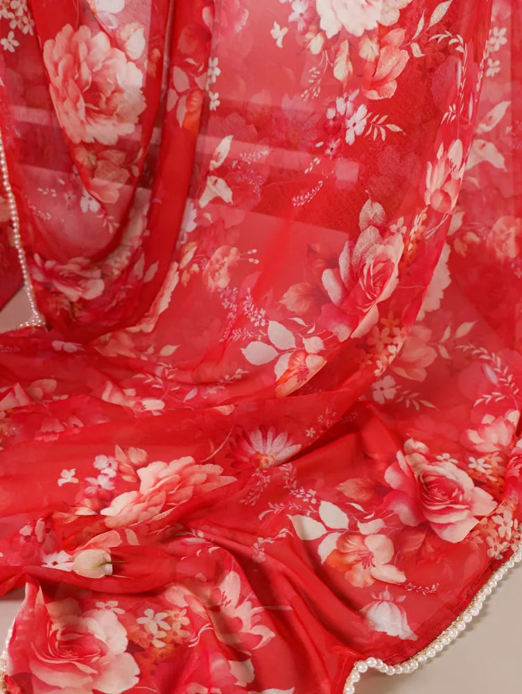 Elegant Weightless Marble Printed Red Saree with Pearl Lace Border | Lightweight Designer Saree for Women