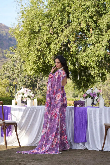 Elegant Weightless Marble Printed Purple Saree with Pearl Lace Border | Lightweight Designer Saree for Women