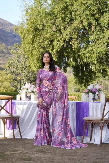 Elegant Weightless Marble Printed Purple Saree with Pearl Lace Border | Lightweight Designer Saree for Women