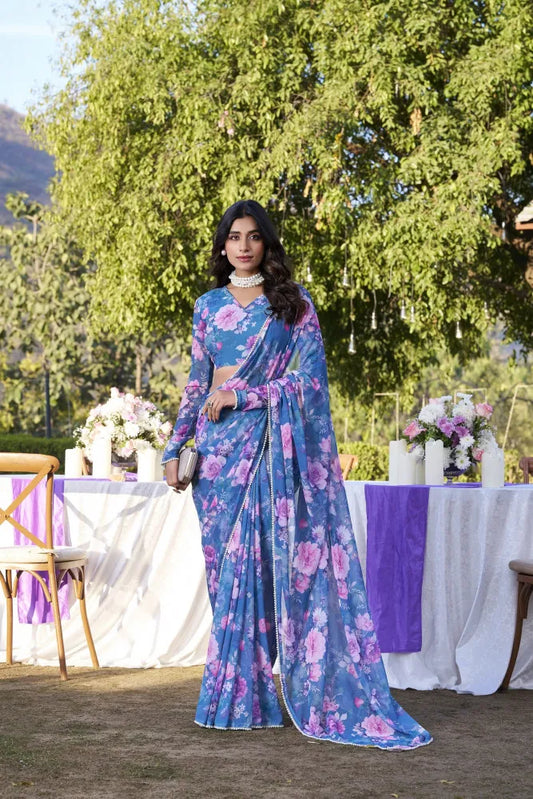Elegant Weightless Marble Printed Blue Saree with Pearl Lace Border | Lightweight Designer Saree for Women