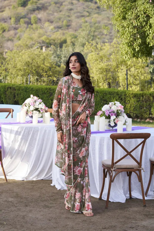 Elegant Weightless Marble Printed Mehendi Green Saree with Pearl Lace Border | Lightweight Designer Saree for Women