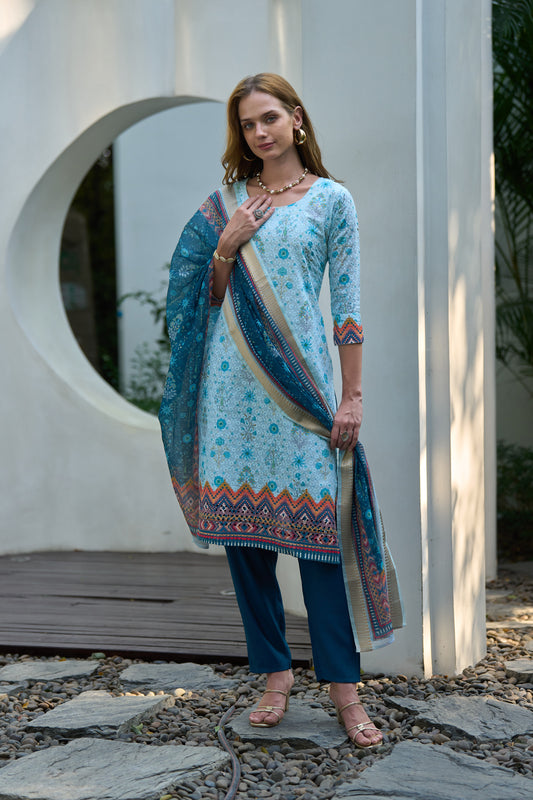 Sky Blue Cotton Printed Kurta Set with Embroidered Neckline & Linen Dupatta