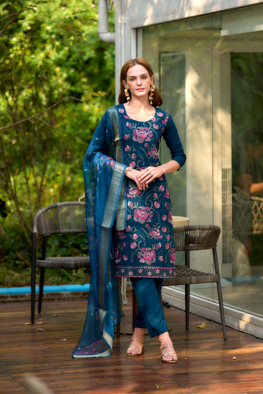 Firozi Blue Rayon Kurta Set with Embroidered Neckline & Organza Butti Dupatta