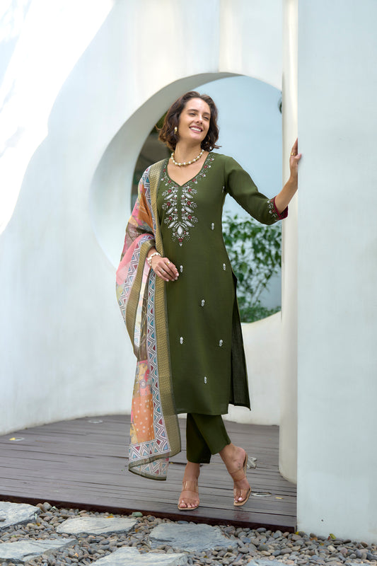 Green Vatican Kurta Set with Embroidered Neckline & Chanderi Butti Dupatta