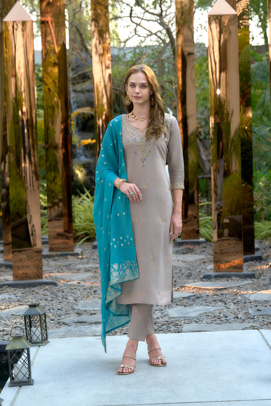 Brown Vatican Kurta Set with Embroidered Neckline & Chanderi Jcard Dupatta