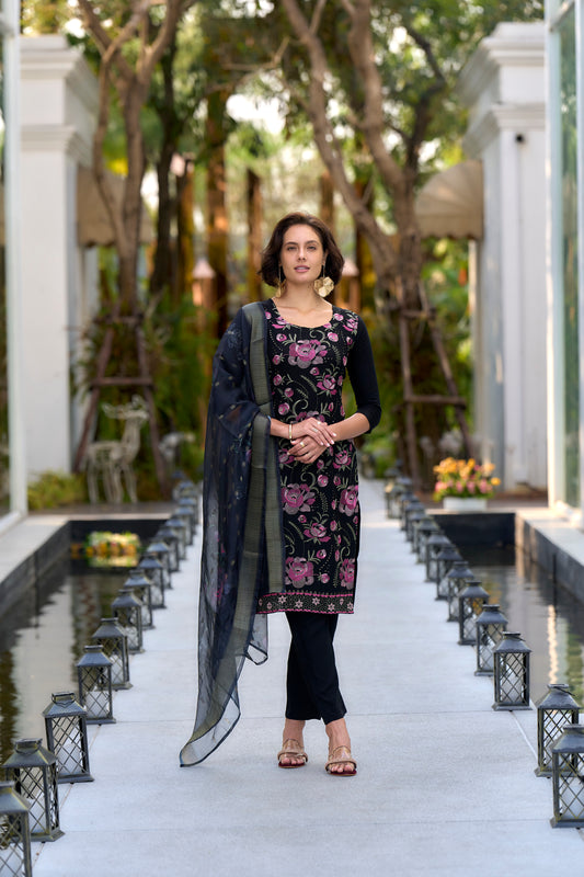 Navy Blue Embroidered Rayon Kurta Set with Organza Butti Dupatta