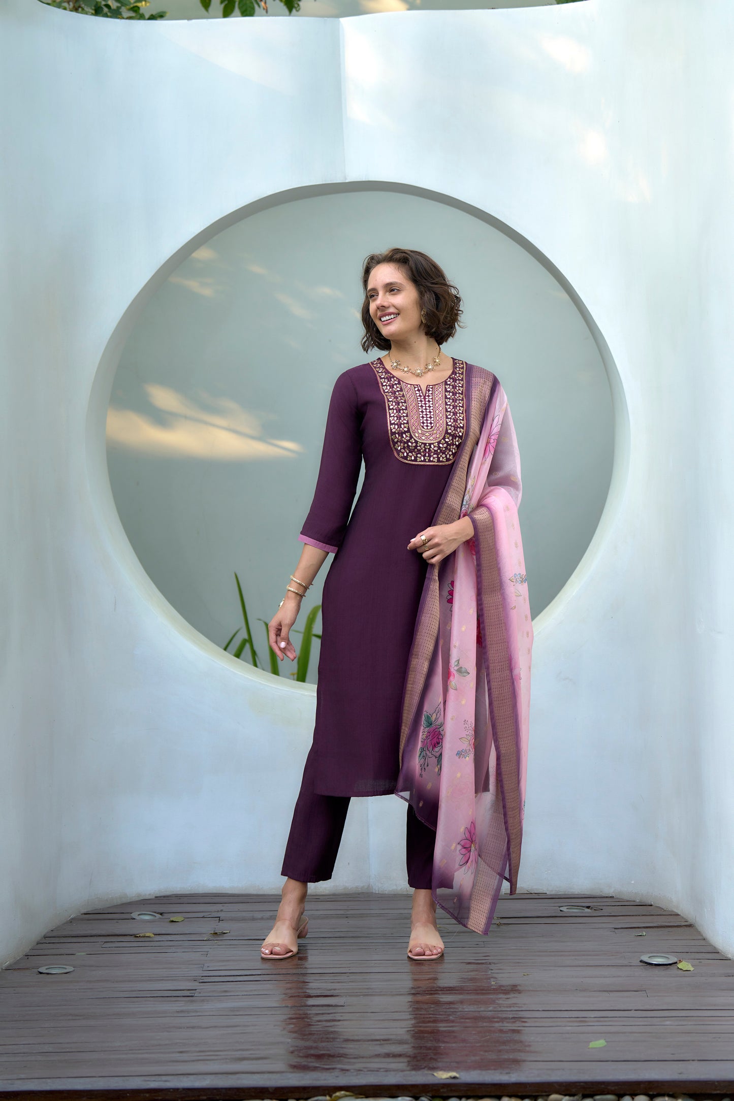 Purple Vatican Kurta Set with Embroidered Neckline & Organza Butti Dupatta