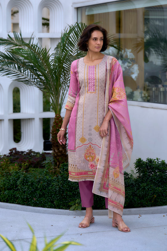Elegant Pink Silk Blend Kurta Set with Embroidered Neckline & Dupatta