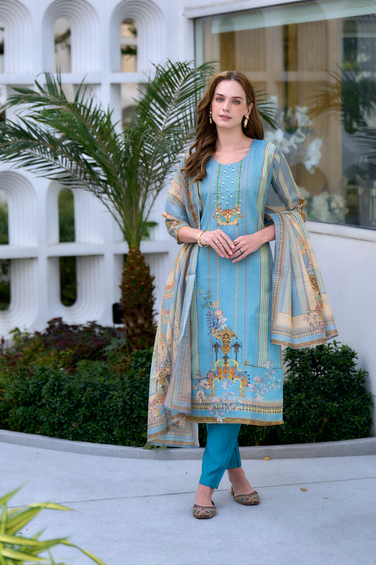 Graceful Sky Blue Silk Blend Kurta Set with Embroidered Neckline & Dupatta