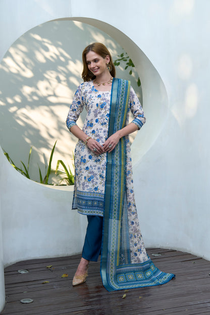 White & Blue Printed Cotton Kurta Set with Embroidered Neckline and Linen Dupatta