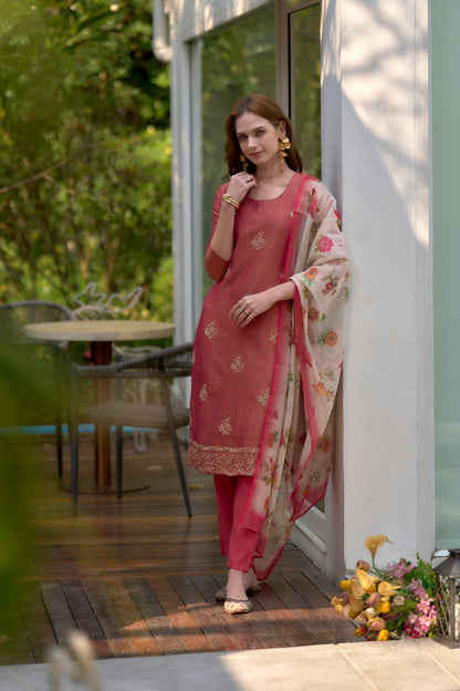 Pink Tissue Kurta Set with Embroidered Neckline & Coordinated Dupatta