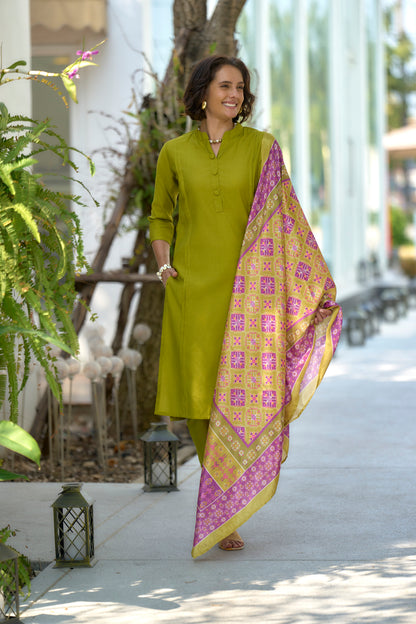 Mehendi Green Vatican Kurta Set with Embroidered Neckline and Chinnon Dupatta