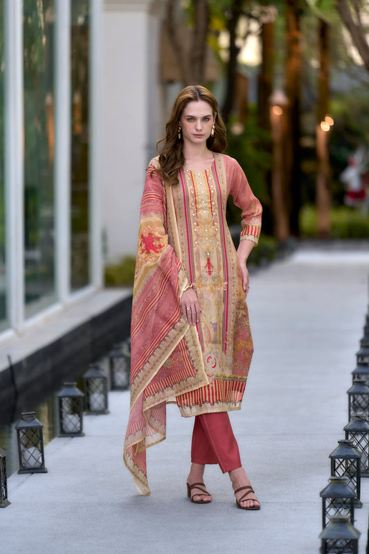 Elegant Peach Silk Blend Kurta Set with Embroidered Neckline & Dupatta