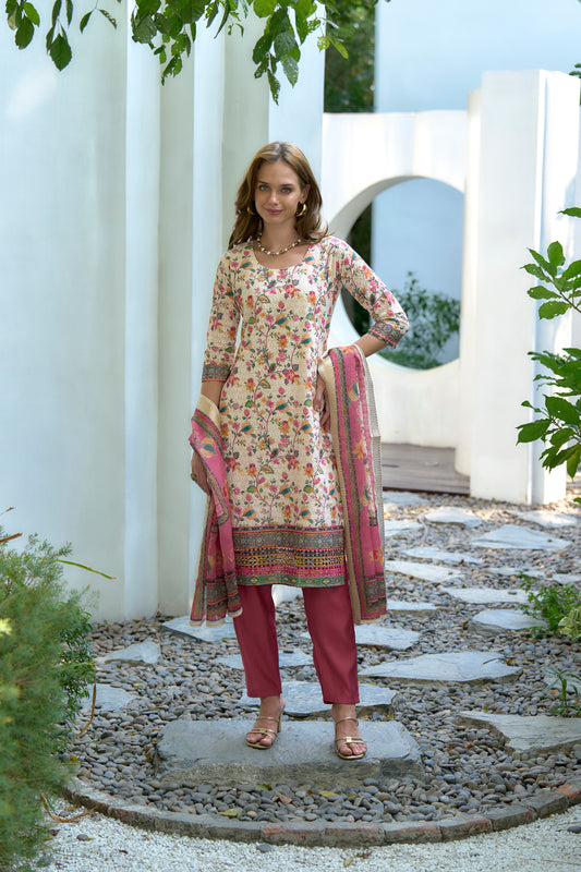 White & Pink Printed Cotton Kurta Set with Embroidered Neckline and Linen Dupatta