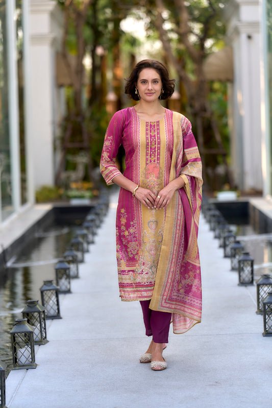 Pink Silk Blend Kurta Set with Embroidered Neckline & Matching Dupatta
