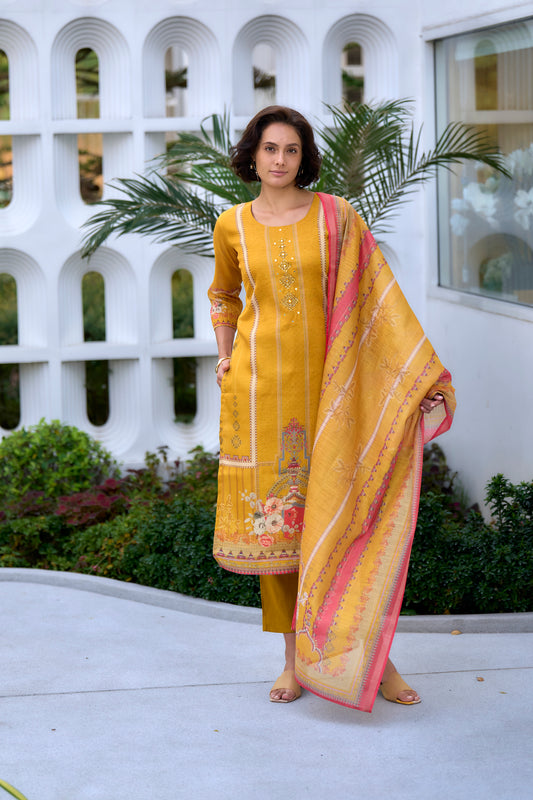 Vibrant Yellow Silk Blend Kurta Set with Embroidered Neckline & Dupatta