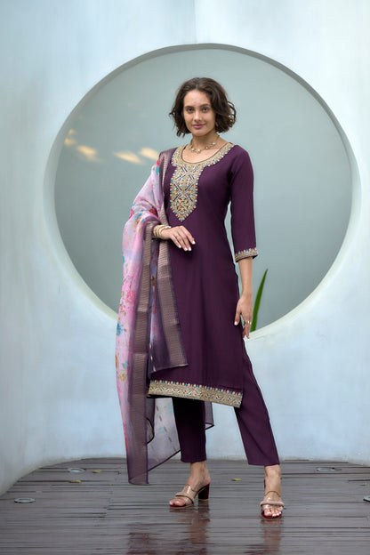 Purple Vatican Kurta Set with Embroidered Neckline & Chanderi Butti Dupatta