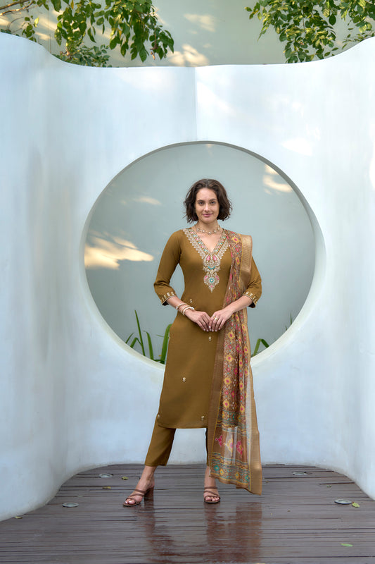 Brown Vatican Kurta Set with Embroidered Neckline & Chanderi Butti Dupatta