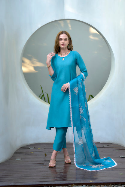 Sky Blue Vatican Kurta Set with Embroidered Neckline and Organza Dupatta