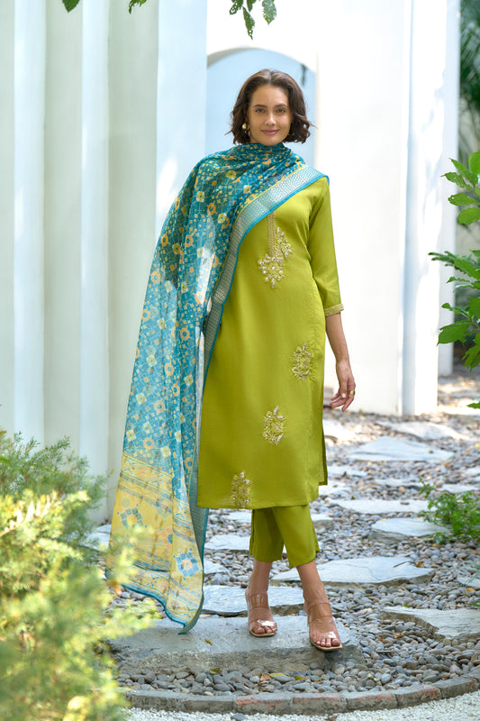 Lime Green Vatican Kurta Set with Embroidered Neckline & Chanderi Butti Dupatta
