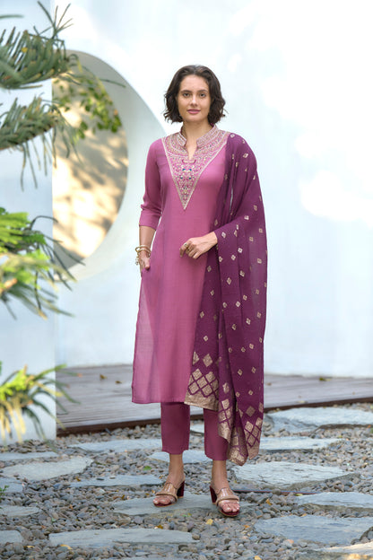 Pink Vatican Kurta Set with Embroidered Neckline & Chanderi Jacquard Dupatta