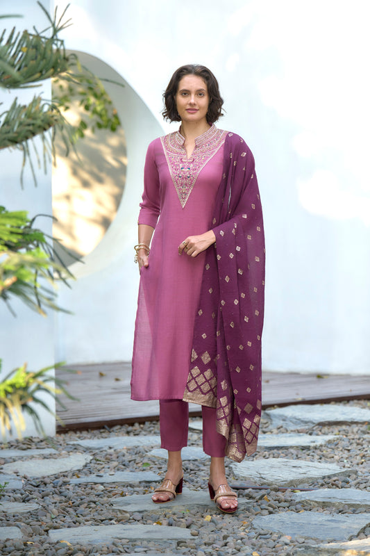 Pink Vatican Kurta Set with Embroidered Neckline & Chanderi Jacquard Dupatta