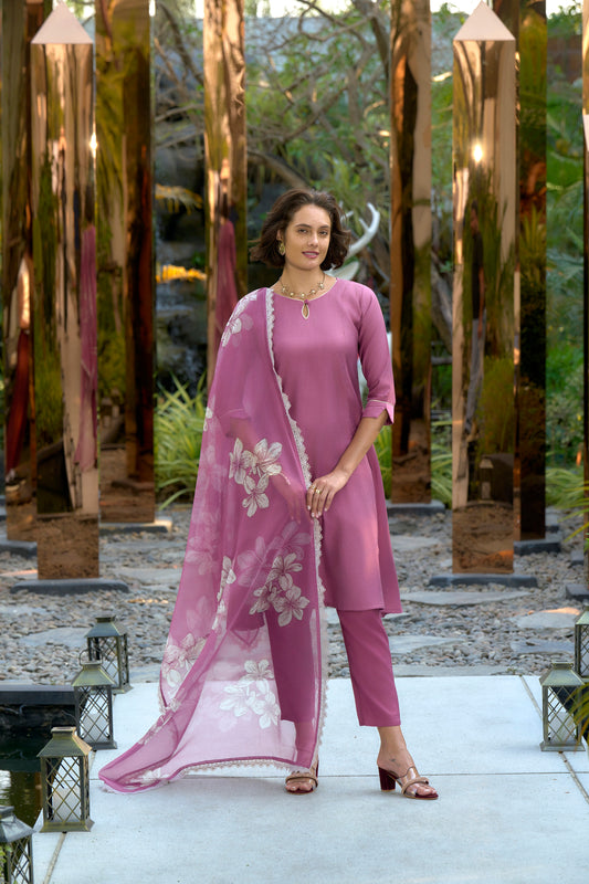 Pink Vatican Kurta Set with Embroidered Neckline and Organza Dupatta