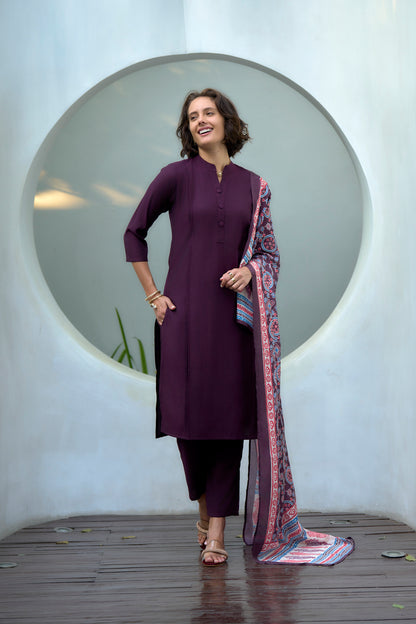 Wine Vatican Kurta Set with Embroidered Neckline and Chinnon Dupatta