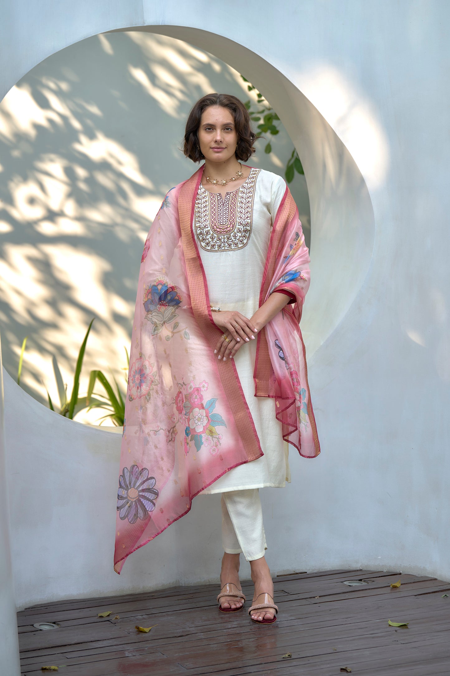 Off-White Vatican Kurta Set with Embroidered Neckline & Organza Butti Dupatta