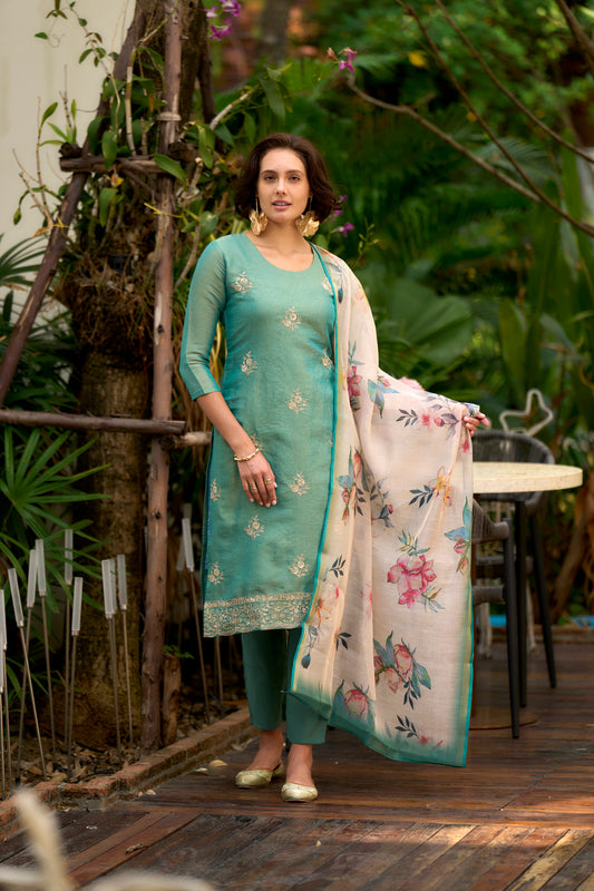 Bottle Green Tissue Kurta Set with Embroidered Neckline & Matching Dupatta