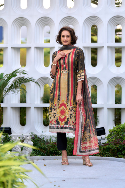 Elegant Black Silk Blend Kurta Set with Embroidered Neckline & Dupatta