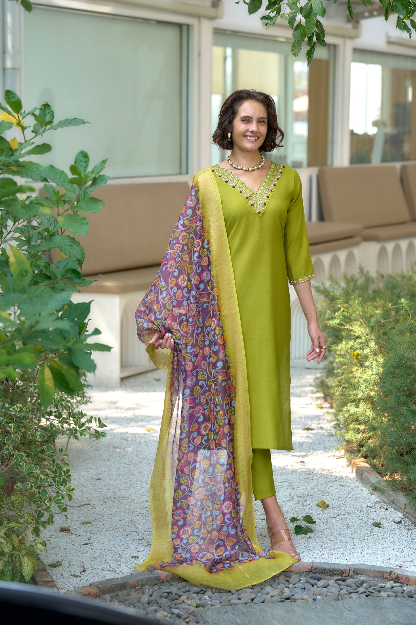 Lime Green Vatican Kurta Set with Embroidered Neckline & Chanderi Butti Dupatta
