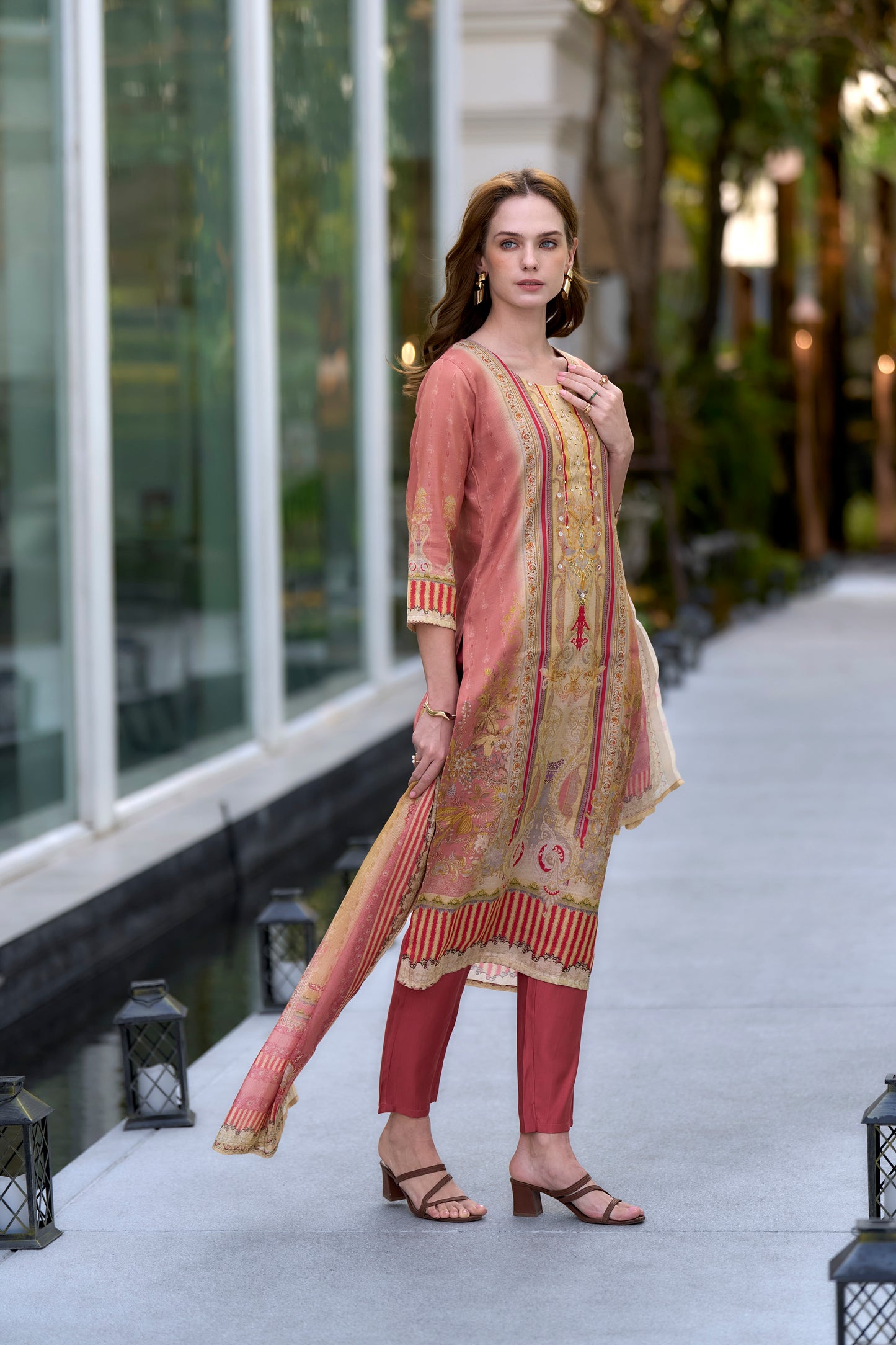 Elegant Peach Silk Blend Kurta Set with Embroidered Neckline & Dupatta