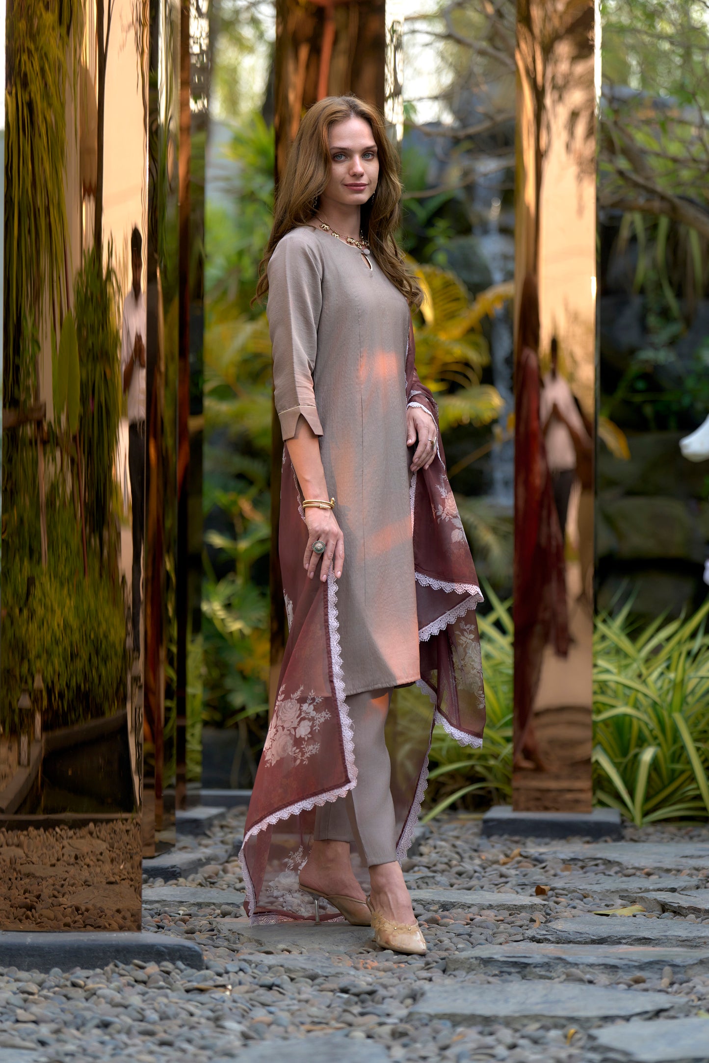 Brown Vatican Kurta Set with Embroidered Neckline and Organza Dupatta