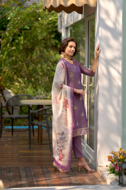 Light Purple Tissue Kurta Set with Embroidered Neckline & Matching Dupatta