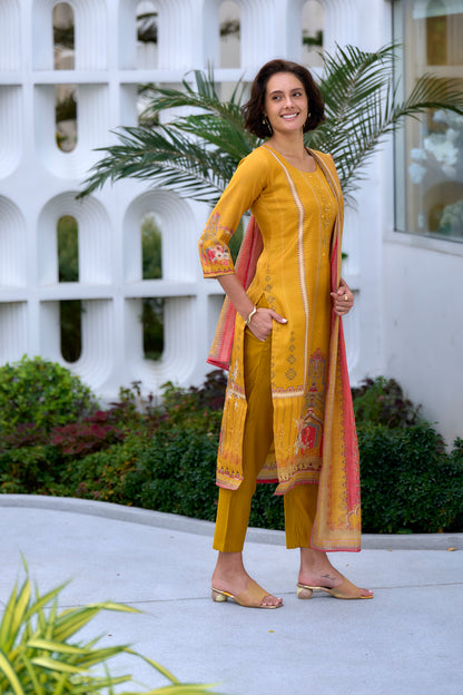Vibrant Yellow Silk Blend Kurta Set with Embroidered Neckline & Dupatta