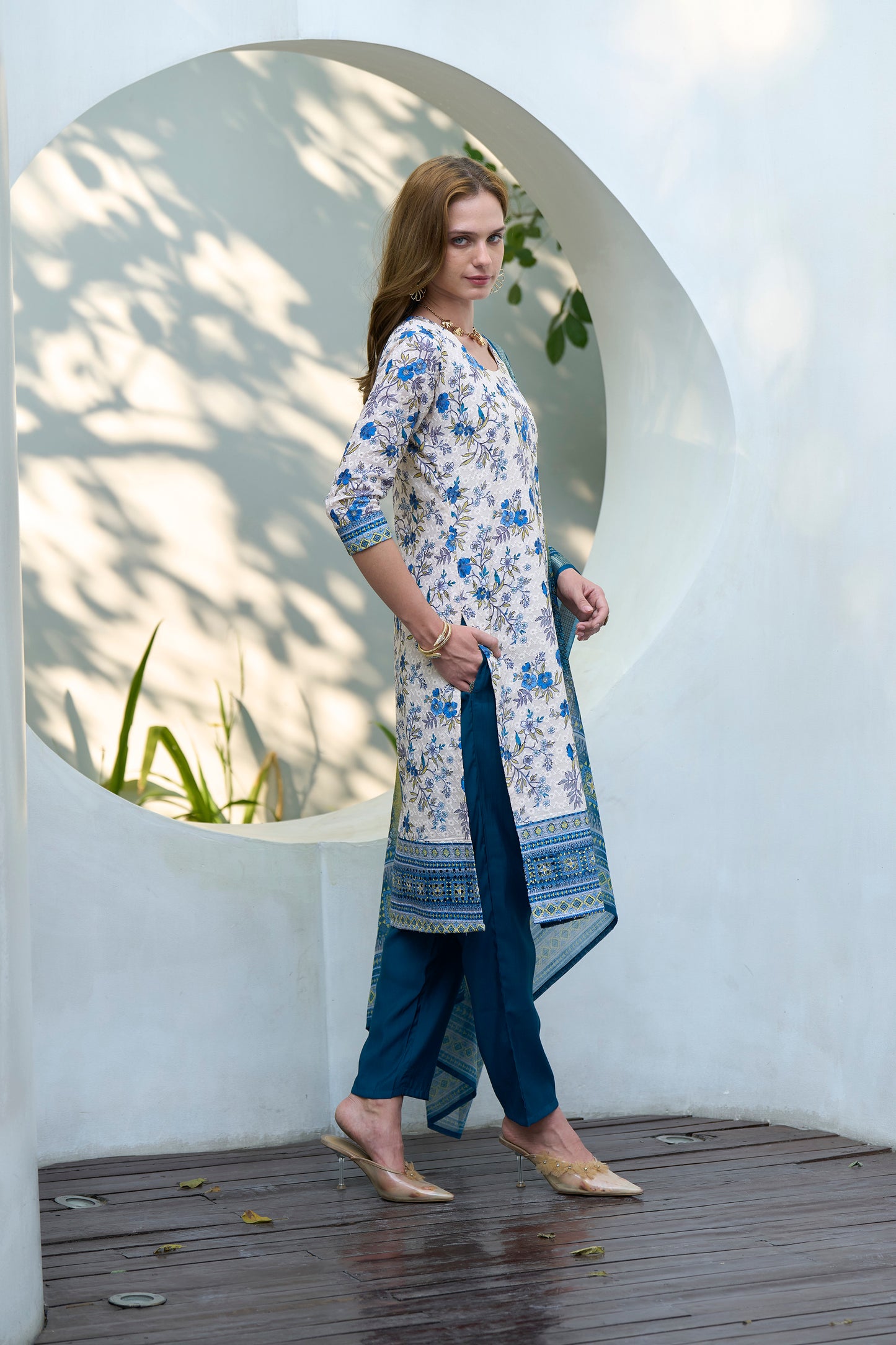 White & Blue Printed Cotton Kurta Set with Embroidered Neckline and Linen Dupatta