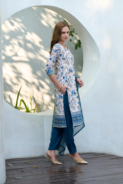 White & Blue Printed Cotton Kurta Set with Embroidered Neckline and Linen Dupatta