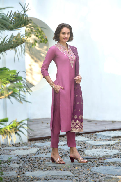Pink Vatican Kurta Set with Embroidered Neckline & Chanderi Jacquard Dupatta