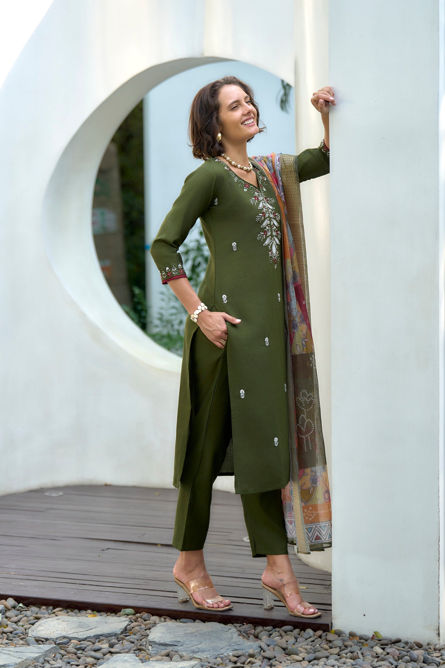 Green Vatican Kurta Set with Embroidered Neckline & Chanderi Butti Dupatta