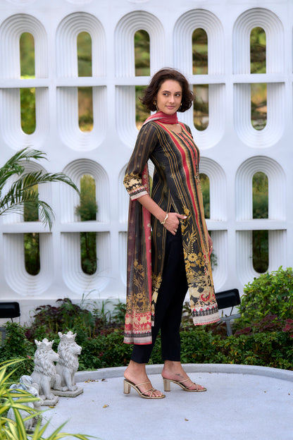 Elegant Black Silk Blend Kurta Set with Embroidered Neckline & Dupatta