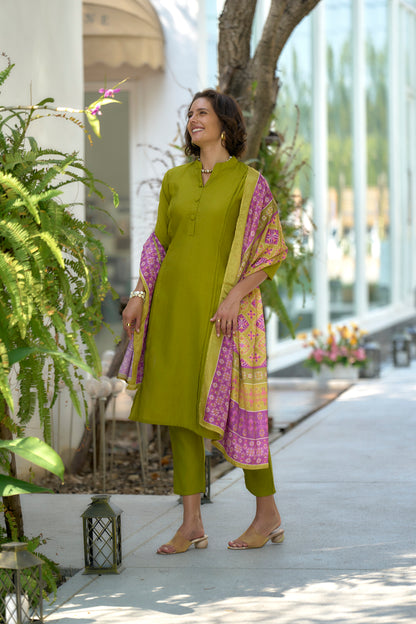 Mehendi Green Vatican Kurta Set with Embroidered Neckline and Chinnon Dupatta
