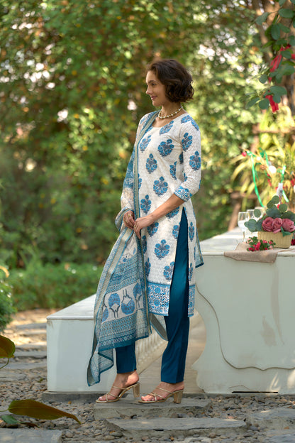 White Cotton Printed Kurta Set with Embroidered Neckline & Linen Dupatta