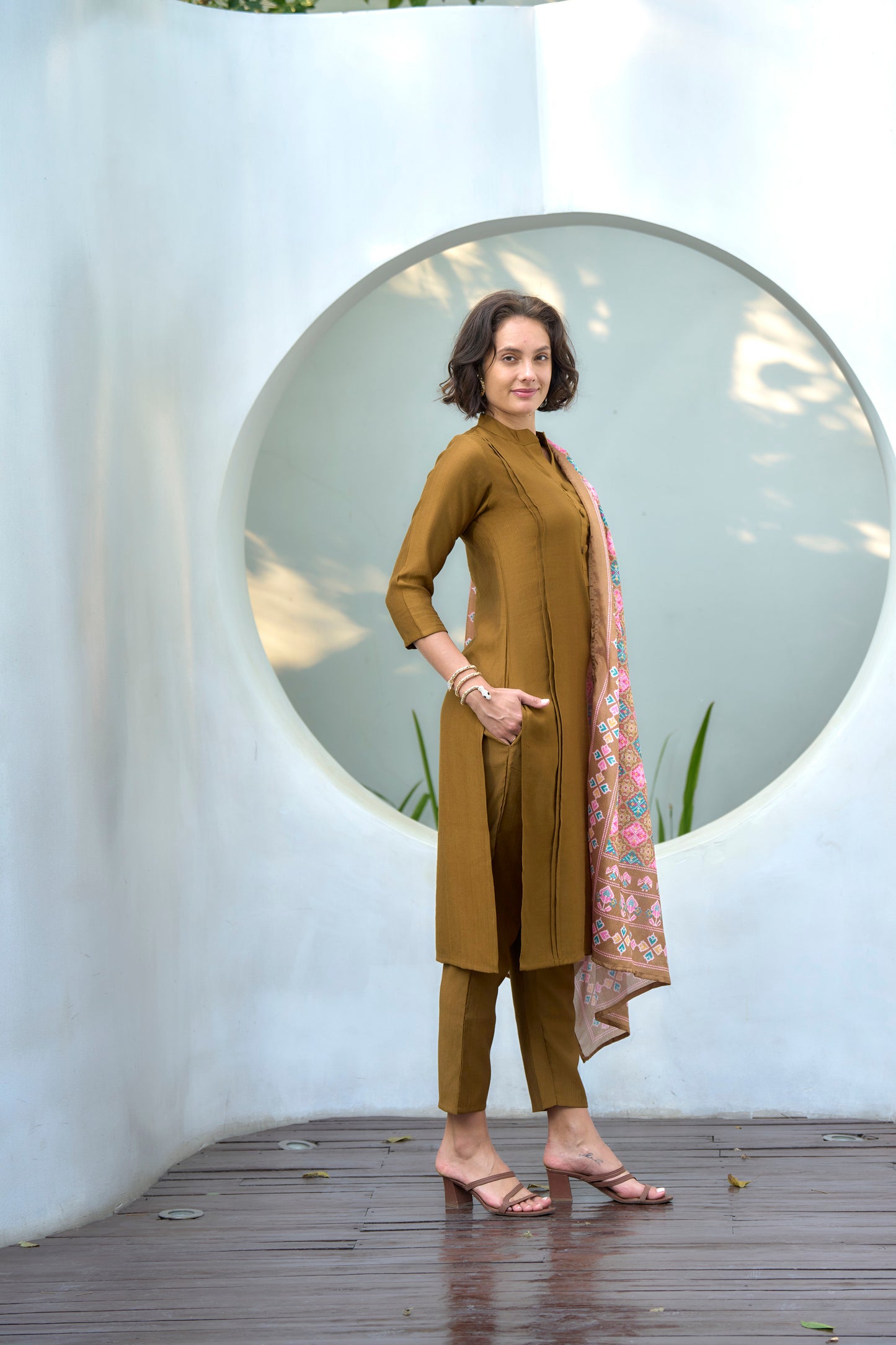 Mustard Yellow Vatican Kurta Set with Embroidered Neckline & Chinnon Dupatta